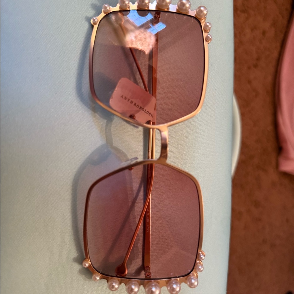 Anthropologie Gold and Pink Sunglasses with Pearl Accents